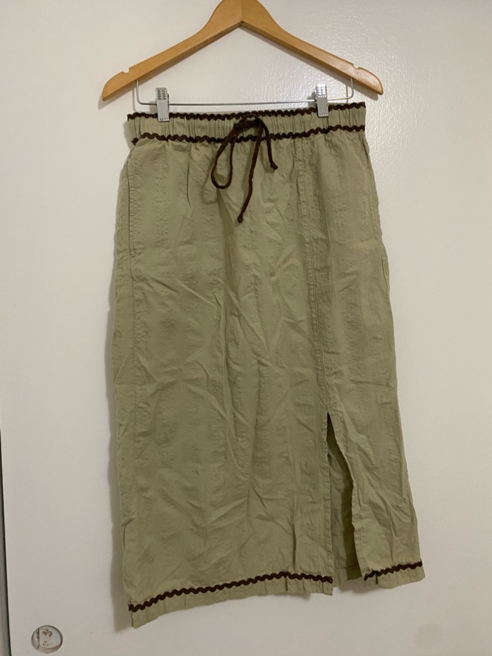Free People Olive Midi Skirt with Brown Trim